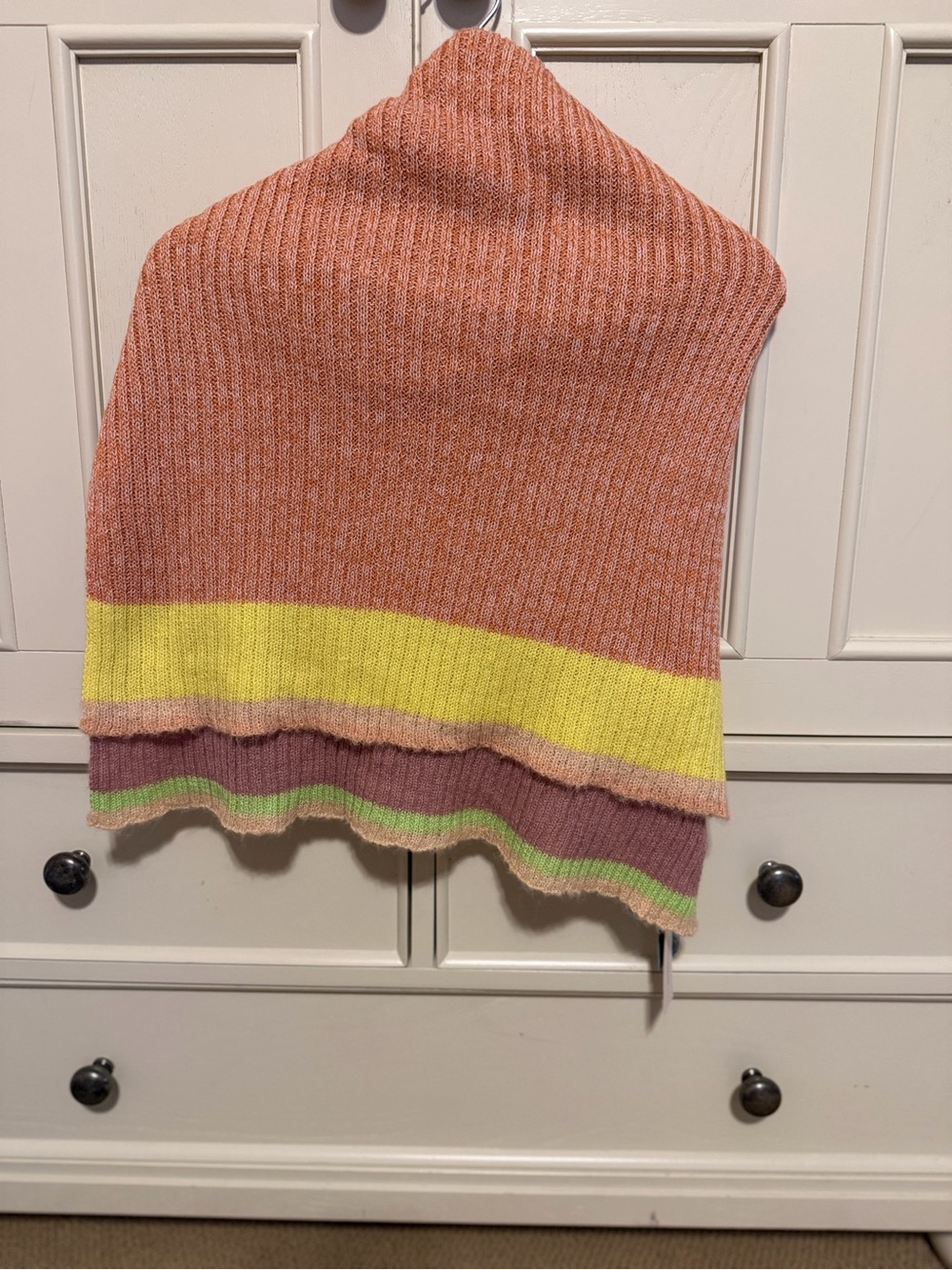 Anthropologie Peach Ribbed Cowl Sweater with Yellow and Multicolor Hem